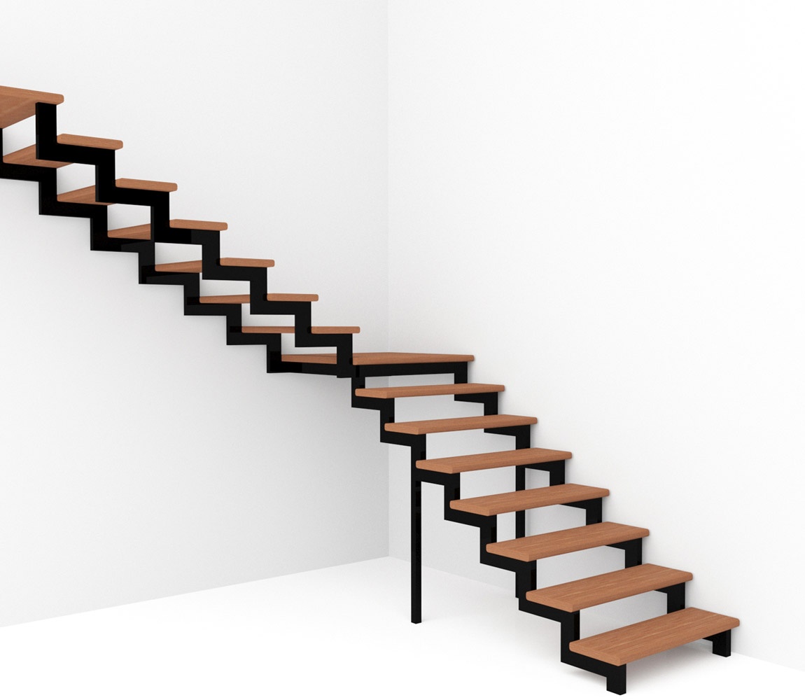 Г-образная лестница на двух косоурах с поворотом 90 градусов с площадкой